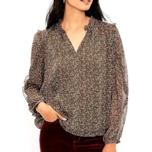 Loft Ruffle Sleeve Fall Floral Print Women's Split Neck Sheer Sleeve Blouse - XL